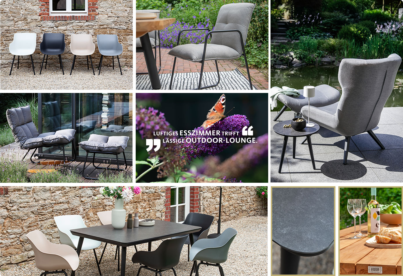 Collage: 4 Stühle mit Sitzschale in Weiß, Schwarz, Beige und Taupe vor Steinhauswand auf Kiesboden,
Stuhl Sitzkissen Farbe Beige auf Steinterrasse, Ohrensessel mit grauer Sitzschale auf Terrasse vor See, grauer Polster-Schaukelstuhl auf Terrasse vor Fensterfront, Zitat "Luftiges Esszimmer trifft lässige Outdoor-Lounge " auf Hintergrundbild Schmetterling auf lila Blume, 4 Stühle mit Sitzschale in Weiß, Schwarz,
Beige und Taupe und schwarzer Tisch vor Steinhauswand auf Kiesboden, Ausschnitt runde Tischkante, Ausschnitte Holztisch mit Logo Schöner Wohnen