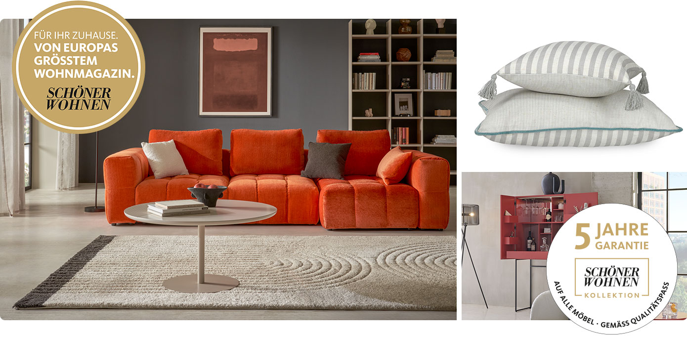 Collage, 1 Wohnzimmer mit orangem Sofa, grauer Bücherwand und grauem Couchtisch, 1 Wohnzimmer mit rotem Sideboard geöffnet, 2 grau-gestreifte Kissen, Text Für Ihr Zuhause von Europas größtem Wohnmagazin Schöner Wohnen, Text mit Logo Schöner Wohnen Kollektion: 5 Jahre Garantie, auf alle Möbel, gemäß Qualitätspass