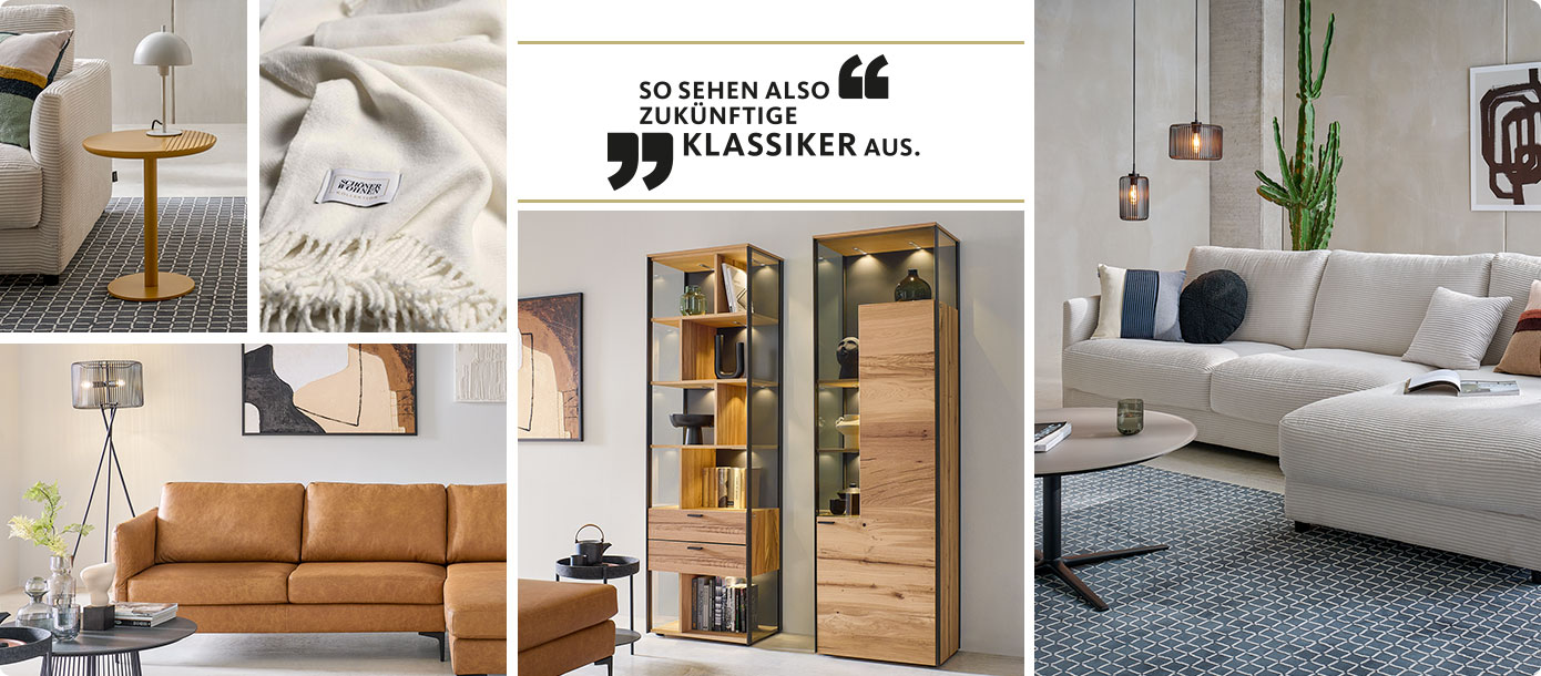 Collage, Couchtisch in Curry, Kuscheldecke in Beige mit Aufnäher Logo Schöner Wohnen, Ecksofa Leder Cognacbraun,
Cremeweißes Ecksofa in Cordstoff, zwei Vitrinen, Farbe Eiche mit Glas und Beleuchtung, Slogan: So sehen also zukünftige Klassiker aus.