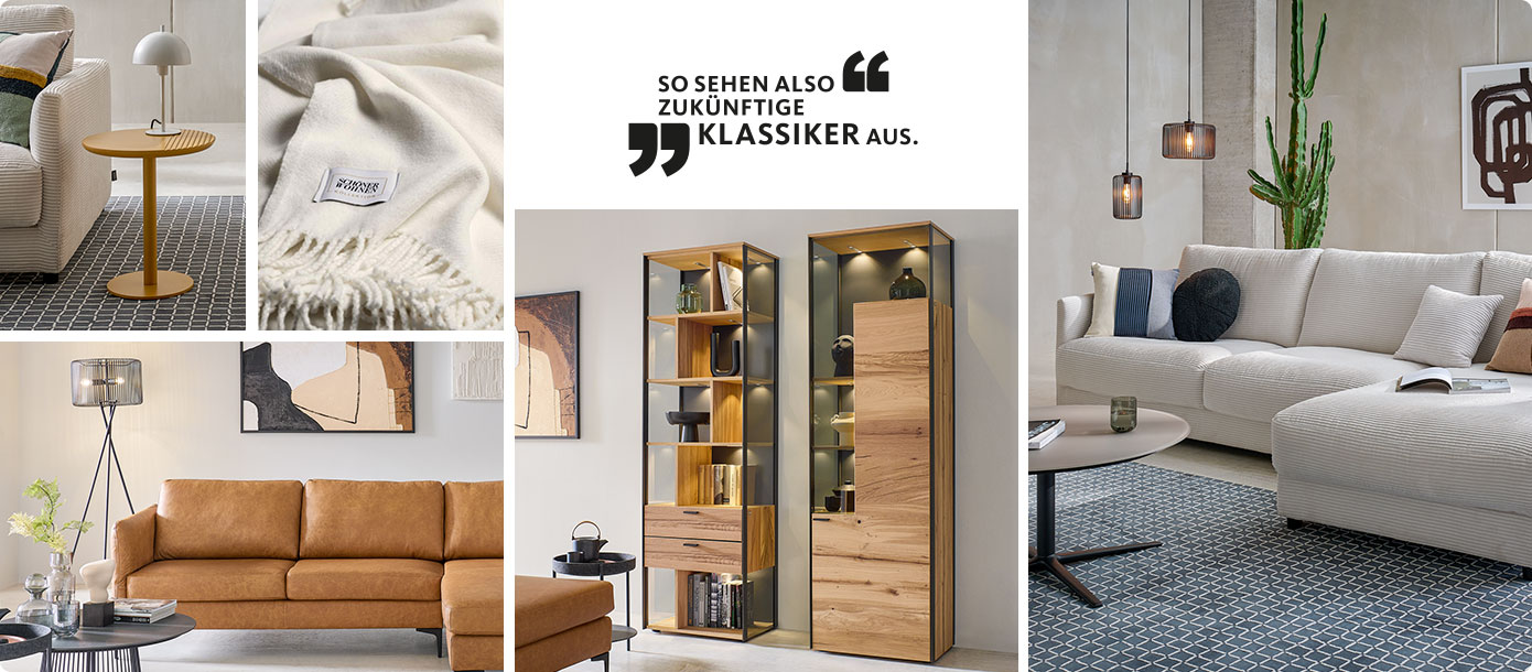 Collage, Couchtisch in Curry, Kuscheldecke in Beige mit Aufnäher Logo Schöner Wohnen, Ecksofa Leder Cognacbraun,
Cremeweißes Ecksofa in Cordstoff, zwei Vitrinen, Farbe Eiche mit Glas und Beleuchtung, Slogan: So sehen also zukünftige Klassiker aus.