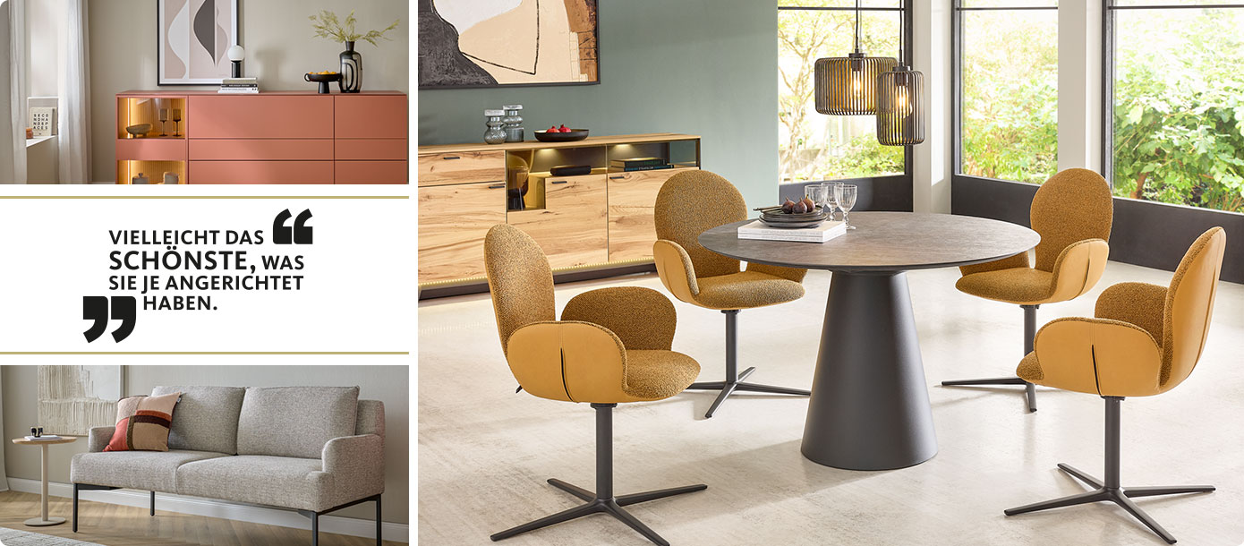 Collage, 1 Wohnraum mit Sideboard kupferfarben, 1 Wohnraum mit Polsterbank mit Armlehnen in Grau, 1 Esszimmer mit Esszimmerstuhl mit Armlehnen in Curry, Säulenesstisch in Grauer Steinoptik, rund und einem Sideboard Farbe Eiche. Slogan: Vielleicht das Schönste, was Sie je angerichtet haben.