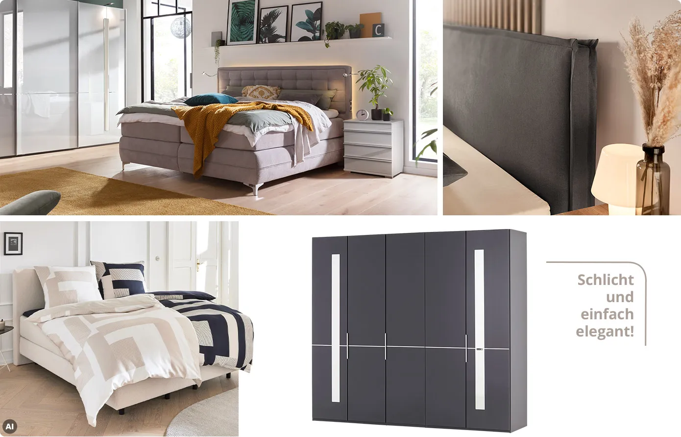 Collage aus 4 Bildern. Bild 1: graues Boxspringbett, weißer Schwebetürenschrank, weiße Nachtkommode in einem Schlafzimmer, Deko. Bild 2. Detailbild eines grauen Kopfteils mit Keder, Nachttischlampe, Deko. Bild 3, AI-generiert: weiß-beige und schwarz-weiß gemusterte Bettwüsche auf beigem Bett in einem Schlafzimmer. Bild 4: grauer Drehtürenschrank mit Hinweis Schlicht und einfach elegant!