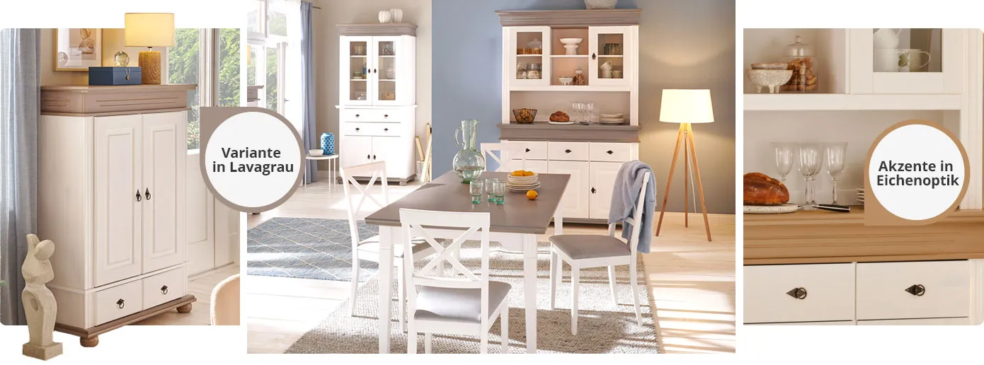 Collage. Bild 1: Highboard in Weiß mit Akzenten in Lavagrau und Hinweis: Variante in Lavagrau, Bild 2: Esszimmer im Landhausstil mit Esstisch mit vier Stühlen, Vitrine und Buffet in Weiß mit Akzenten in Lavagrau, Deko. Bild 3: Ausschnitt eines Buffets in Weiß mit Akzenten in Eichenoptik mit Hinweis: Akzente in Eichenoptik