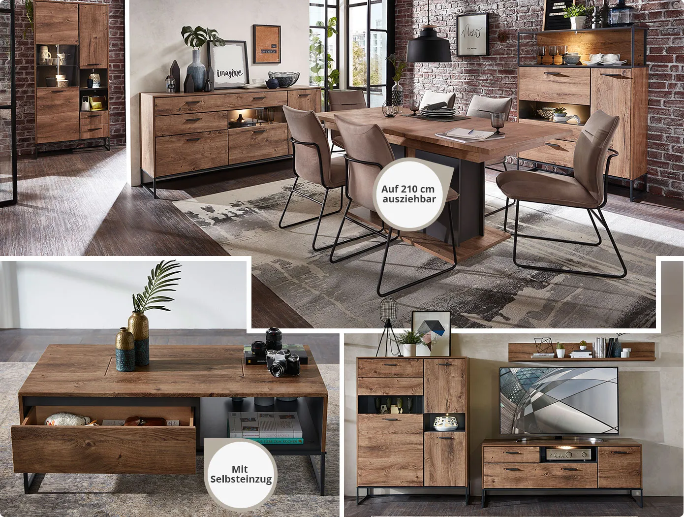 Collage. Bild 1: Esszimmer mit beleuchteten Möbeln in Holzoptik und Graphitgrau, bestehend aus Esstisch in mit braunen Polsterstühlen und Hinweis "Auf 210 cm ausziehbar", Vitrine, Sideboard und Highboard. Bild 2: Couchtisch in Holzoptik mit Akzenten aus grauem Metall und Hinweis: Mit Selbsteinzug. Bild 3 : Wohnkombination in Holzoptik mit Akzenten aus grauem Metall, TV und Deko.