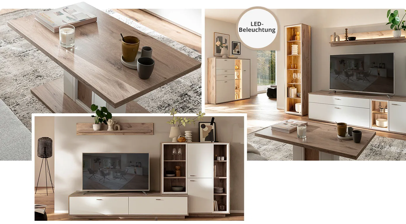 Collage. Bild 1 Couchtisch in Holzoptik und Weiß. Bild 2: Wohnzimmer mit Sideboard, Wohnwand, Couchtisch in Holzoptik und Weiß, Möbel beleuchtet mit Hinweis LED-Beleuchtung, Deko. Bild 3: Wohnwand in Holzoptik und Weiß.