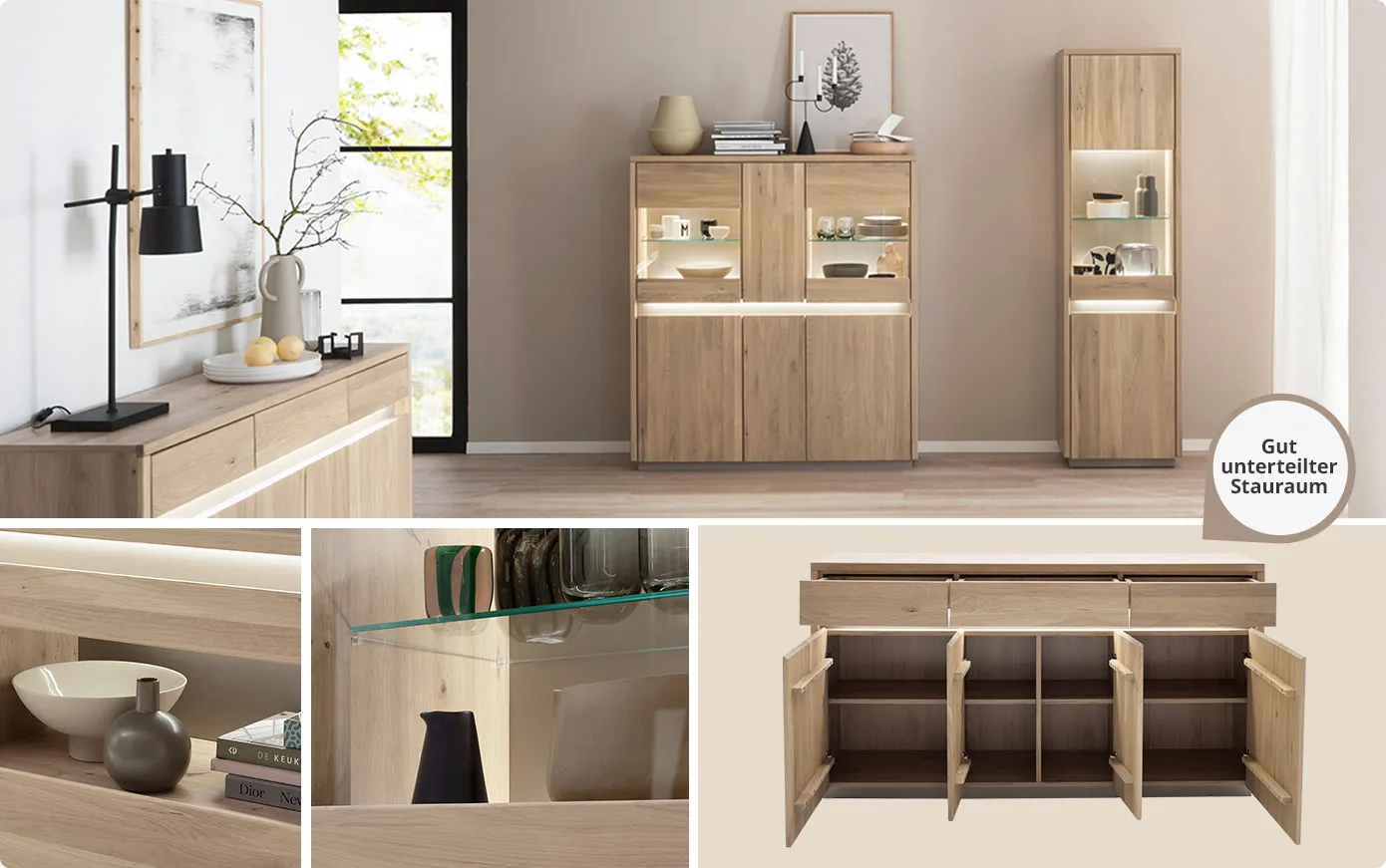 Collage. Bild 1: Wohnzimmer mit beleuchteten Holzmöbeln, bestehend aus Sideboard, Highboard und Vitrine. Bild 2: Detail eines offenen beleuchteten Fachs mit Deko. Bild 3: Detail eines offenen beleuchteten Fachs mit Glasboden und Deko. Bild 4: Offene Kommode mit 3 Schüben und 3 Türen mit Hinweis: Gut unterteilter Stauraum