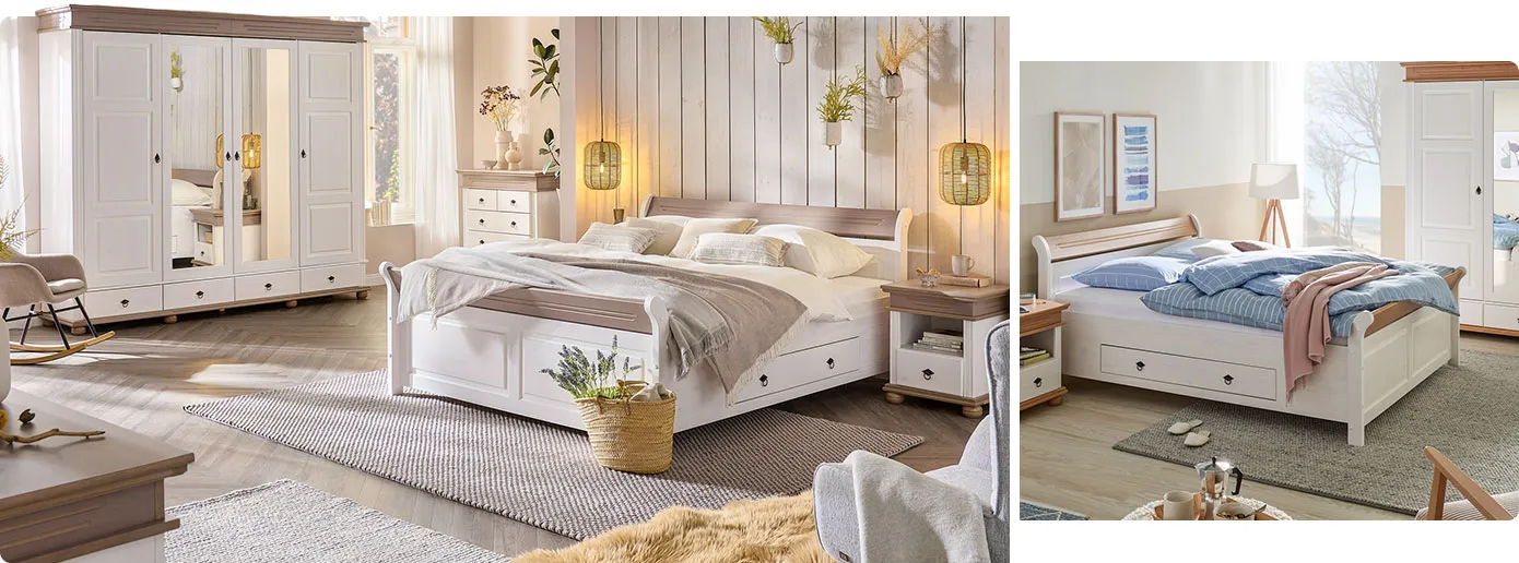 Collage. Bild 1: Schlafzimmer im Landhausstil in Weiß und Lavagrau, bestehend aus Schrank mit 2 mittigen Spiegeltüren, Kommode, Bett und Nachtkommode, Deko. Bild 2:Schlafzimmer im Landhausstil in Weiß mit Akzenten in Eichenoptik, bestehend aus Bett, Nachtkommode und Schrank, Deko.