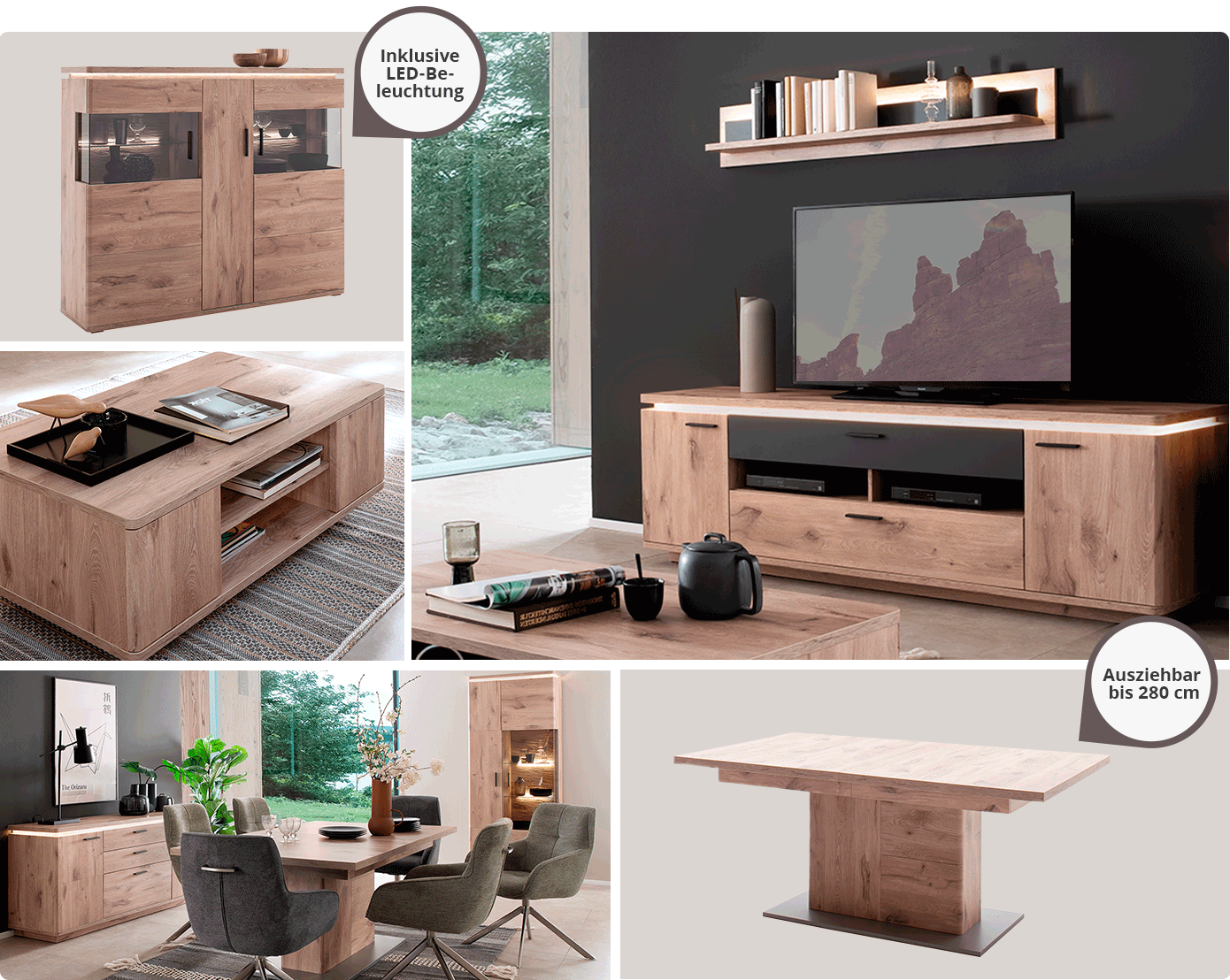 Collage. Bild 1: Beleuchtetes Highboard in Holzoptik mit Hinweis: Inklusive LED-Beleuchtung. Bild 2: Couchtisch in Holzoptik mit Deko. Bild 3: Wohnkombination in Holzoptik, bestehend aus Wandboard und Lowboard mit LED-Beleuchtung und anthrazitfarbiger Schublade, Couchtisch in Holzoptik, Deko. Bild 4: Esszimmer mit Möbeln in Holzoptik, bestehend aus Sideboard mit Vitrine, beide mit Beleuchtung, Esstisch mit grünen und grauen Polsterstühlen, Deko. Bild 5: Esstisch animiert mit Tischplatte, die verlängert wird und Hinweis: Ausziehbar bis 280cm