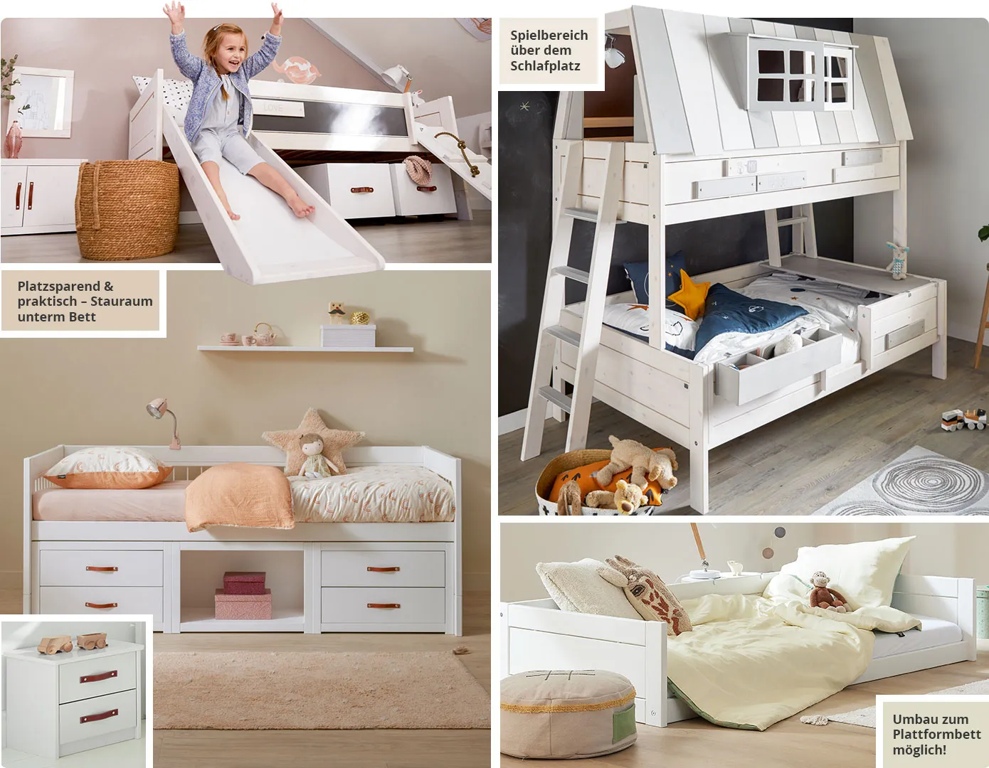 Collage aus 4 Bildern. Bild 1: Kind rutscht die Rutsche eines weißen Kojenbettes hinunter. Bild 2: Kinderzimmer mit weißem Abenteuerbett, Text: Spielbereich über dem Schlafplatz. Bild 3: Kinderzimmer mit weißem Kojenbett, Text: Platzsparend & praktisch - Stauraum unterm Bett. Bild 4: Kinderzimmer mit weißem bodennahem Bett, Text: Umbau zum Plattformbett möglich.