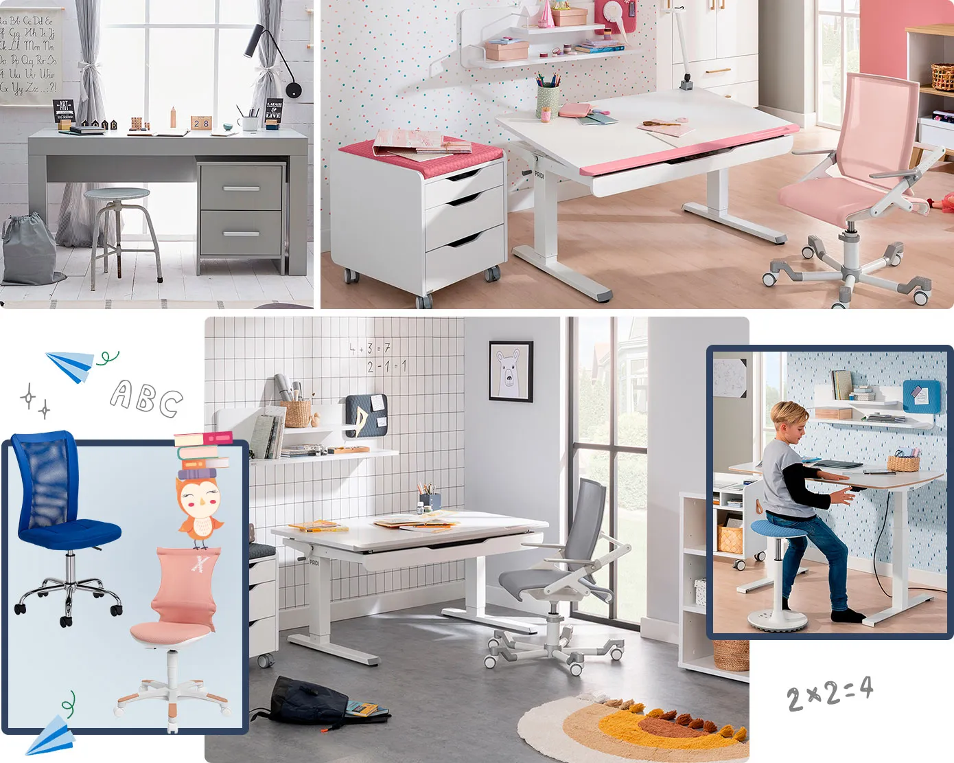 Collage aus 4 Bildern mit Zeichnungen drumherum, wie kleiner Eule, ABC, 2 x 2 = 4. Bild 1: Grauer Schreibtisch. Bild 2: Weiß-rosa Schülerschreibtisch, weißer Rollcontainer mit rosa Sitzkissen, weiß-rosa Schülerschreibtischstuhl im Kinderzimmer. Bild 3: blauer Schülerschreibtischstuhl, pinker Schülerschreibtischstuhl. Bild 4: Weiß-grauer Schülerschreibtisch, weißer Rollcontainer mit grauem Sitzkissen, weiß-grauer Schülerschreibtischstuhl im Kinderzimmer. Bild 5: höhenverstellbarer weißer Schreibtisch, Hocker in Weiß-Blau und Junge im Kinderzimmer