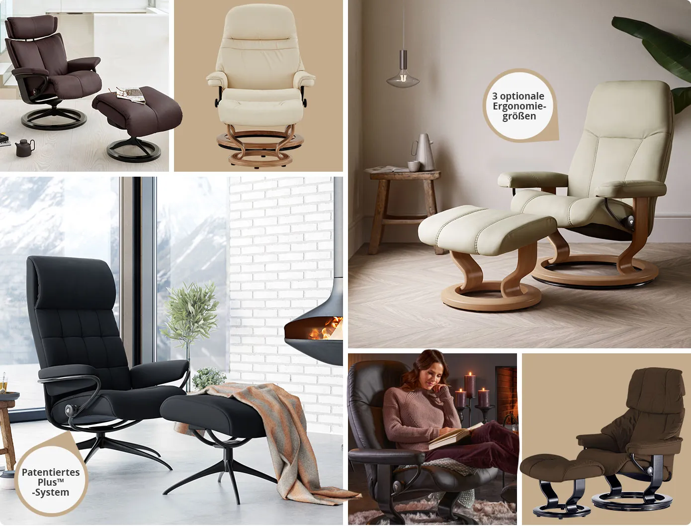 Collage. Bild 1: Brauner Leder-Relaxsessel mit Fußhocker. Bild 2: cremefarbiger Leder-Relaxsessel mit Fußhocker. Bild 3: cremefarbiger Leder-Relaxsessel mit Fußhocker und Hinweis 3 optionale Ergonomiegrößen in einem Wohnzimmer, Deko. Bild 4: schwarzer Leder-Relaxsessel mit Fußhocker und Hinweis: Patentiertes Plus-System, in einem Wohnzimmer mit Kamin, Deko. Bild 5: Frau auf schwarzem Leder-Relaxsessel. Bild 6: Brauner Leder-Relaxsessel mit Fußhocker