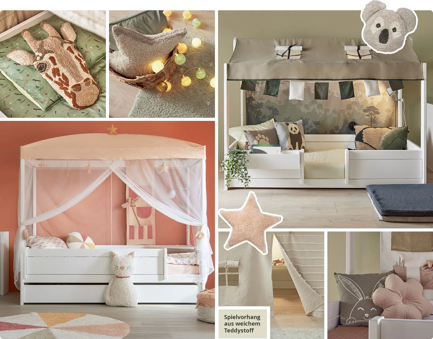 Coallege aus 6 Bildern. Bild 1: Kinderbettwässche in Grün mit Waldmotiven und Formkissen Giraffe. Bild 2: Kissen in Sternform. Bild 3: Formkissen Koala, Kinderbett mit Stoffdach, Rückwandvorhang & Kissen mit Motiven wie Pandabär oder Pfotenabdruck. Bild 4: Kinderbett mit rosafarbenem Himmel und weißen Vorhängen, verschiedenen Kissen. Bild 5: Spielvorhang für Halbhochbetten aus Teddystoff. rosa Kissen in Sternform. Bild 6: Kissen Blumenform und Kissen mit Hasenmotiv.