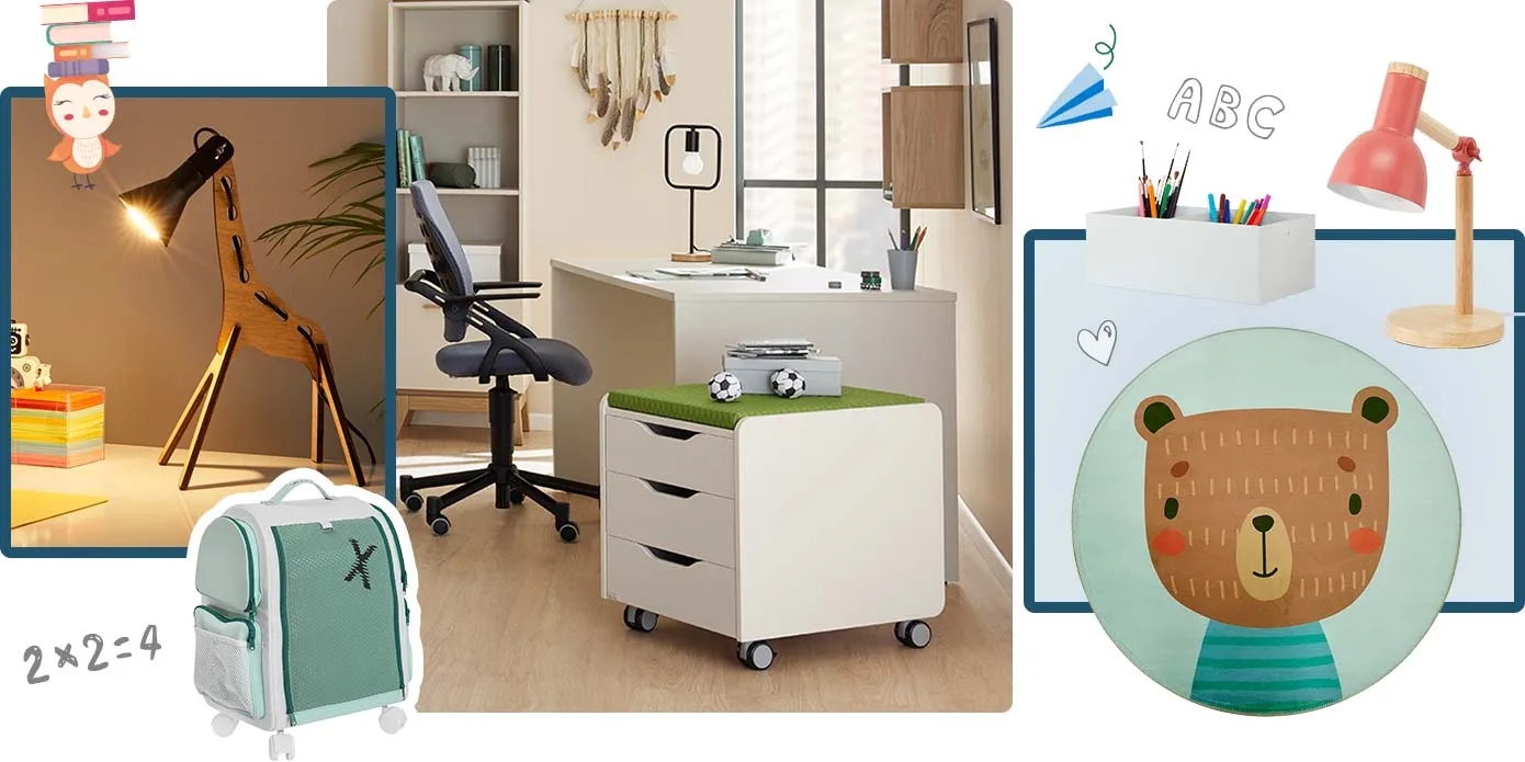 Collage aus 3 Bildern mit Zeichnungen drumherum, wie kleiner Eule, ABC, 2 x 2 = 4. Bild 1: Schreibtischleuchte in Giraffenform auf Schreibtisch, Rolltrolley in Salbeigrün. Bild 2: weißer Rollcontainer mit grünem Sitzkissen, weißer Schreibtisch und Regal im Kinderzimmer. Bild 3:Organizer mit Stiften, rosa Schreibtischleuchte mit Naturfuß, Kinderteppich rund mit Teddymotiv