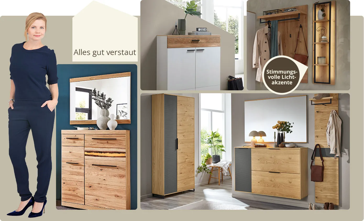 Annette Frier. Text: Alles gut verstaut. Collage aus 4 Bildern. Bild 1: Schuhkommode und Spiegel aus Holz. Bild 2: weiße Kommode mit Holzakzenten. Bild 3: Garderobenpaneel und Regal mit Beleuchtung und Hinweis Stimmungsvolle Licht-Akzente. Bild 3 Flurmöbel aus Holz und grauem Glas.