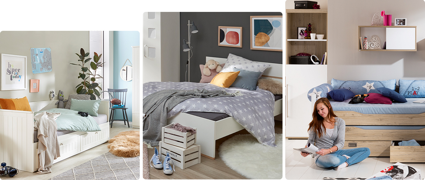 Collage aus 3 Bildern, Bild 1: Weißes Landhausbett im Jugendzimmer. Bild 2. Weißes Bettgestell mit weiß-grauer Sternenbettwäsche im Jugendzimmer. Bild Jugendzimmer mit Kojenbett. Mädchen sitzt im Schneidersitz auf dem Boden