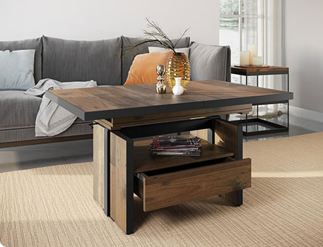 Wohnzimmer mit höhenverstellbaren Couchtisch in Holzoptik
