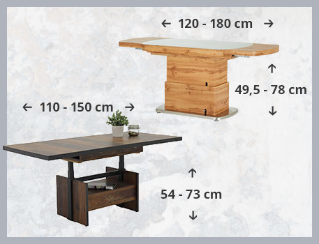 Höhenverstellbarer Schreibtisch in dunkler Holzoptik, höhenverstellbarer Couchtisch in Holzoptik mit weißer Tischplatte