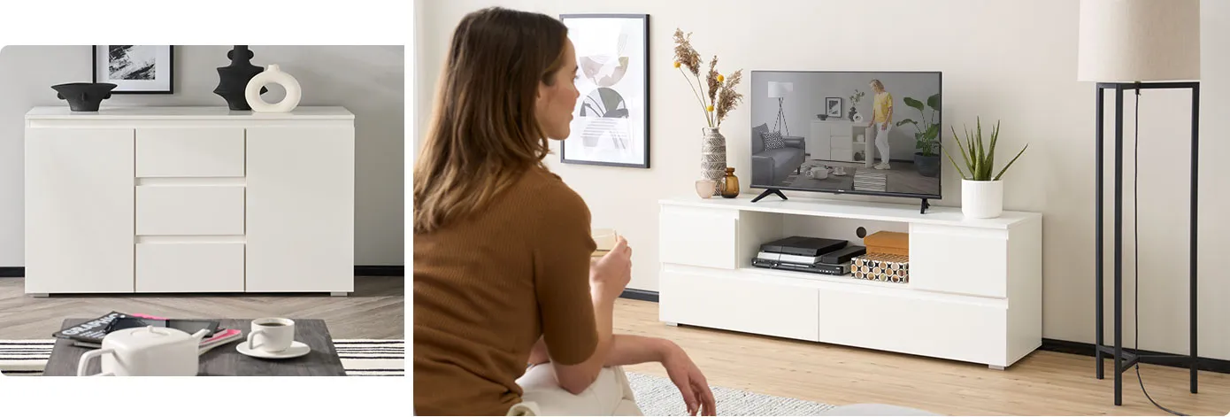 Collage mit 2 Bildern. Bild 1: Wohnraum mit einer weißen BEN Kommoden. Bild 2: Wohnzimmer mit weißem BEN TV Möbel.