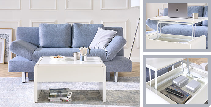 Collage: Wohnzimmer mit weißem Couchtisch. 1 Detailbild mit hochgestellter Tischplatte, 1 Detailbild zeigt Stauraum unter Tischplatte