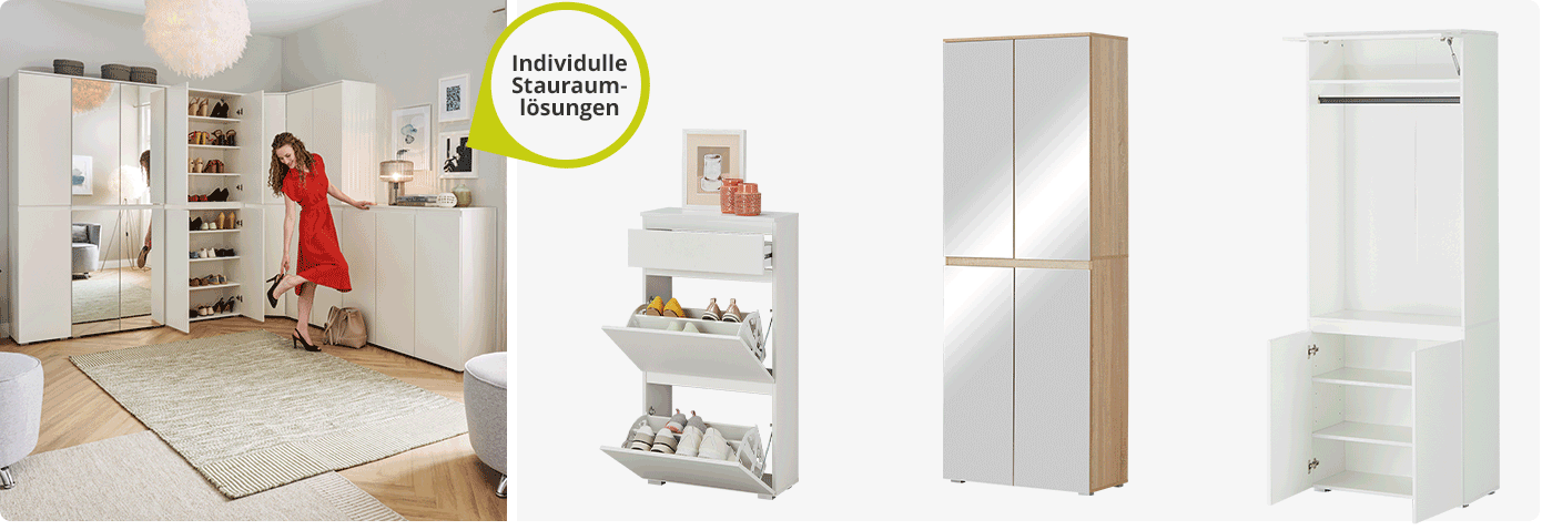 Collage aus Bild und Produkten. Bild: Frau vor einer BEN Schrank-Wand über Eck mit verschiedenen Mehrzweck-, Spiegel- & Schuhschränken. Hinweis: Individuelle Stauraumlösungen. Produkte: weißer Schuhschrankes mit offenen Klappen und offener Schublade, animierter Schrank in Holzoptik mit vier Spiegeltüren, Türen auf und zu, animierter Garderobenschrank in Weiß mit offenem Fach und einer Kleiderstange, Klappe und 2 Türen auf und zu