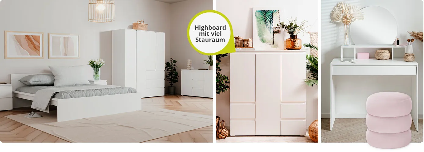 Collage aus 3 Bildern. Bild 1: Schlafzimmer mit BEN Möbeln. Kommode, Kleiderschrank, Doppelbett, Nachttisch. Bild 2: Highboard BEN mit 3 Türen und 4 Schüben, Hinweistext "Highboard mit viel Stauraum".
Bild 3: Schminktisch BEN mit rundem Spiegel und Schublade.