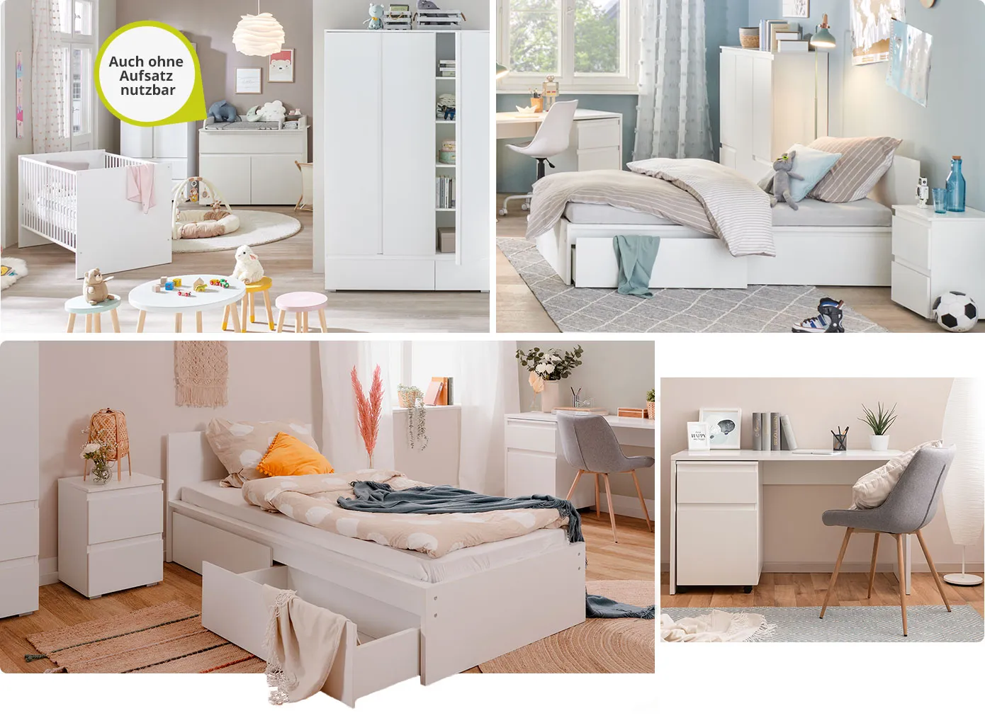Collage aus 4 Bildern. Bild 1: Babyzimmer mit BEN Möbeln. Babybett, Kleiderschrank, Kommode, Wickelkommode mit Hinweistext: "Auch ohne Aufsatz nutzbar". Bild 2: Jugendzimmer mit BEN Möbeln. Highboard, Schreibtisch mit Rollcontainer, Bett mit Bettkästen, Nachttisch. Bild 3: Einzelbett BEN, Nachttisch, Schreibtisch mit Rollcontainer. Bild 4: Schreibtisch BEN mit passendem Rollcontainer.