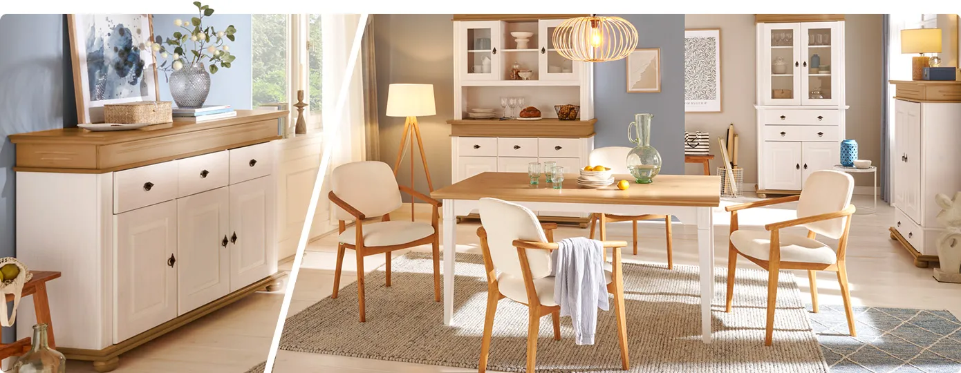 Collage. Bild 1: Weißes Sideboard mit Akzenten in Eichenoptik. Bild 2: Esszimmer mit einem Esstisch in Eichenoptik und Weiß, 3weiß-gepolsterte Stühle, Highboard, Vitrine und Buffet in Weiß mit Akzenten in Eichenoptik, Deko.