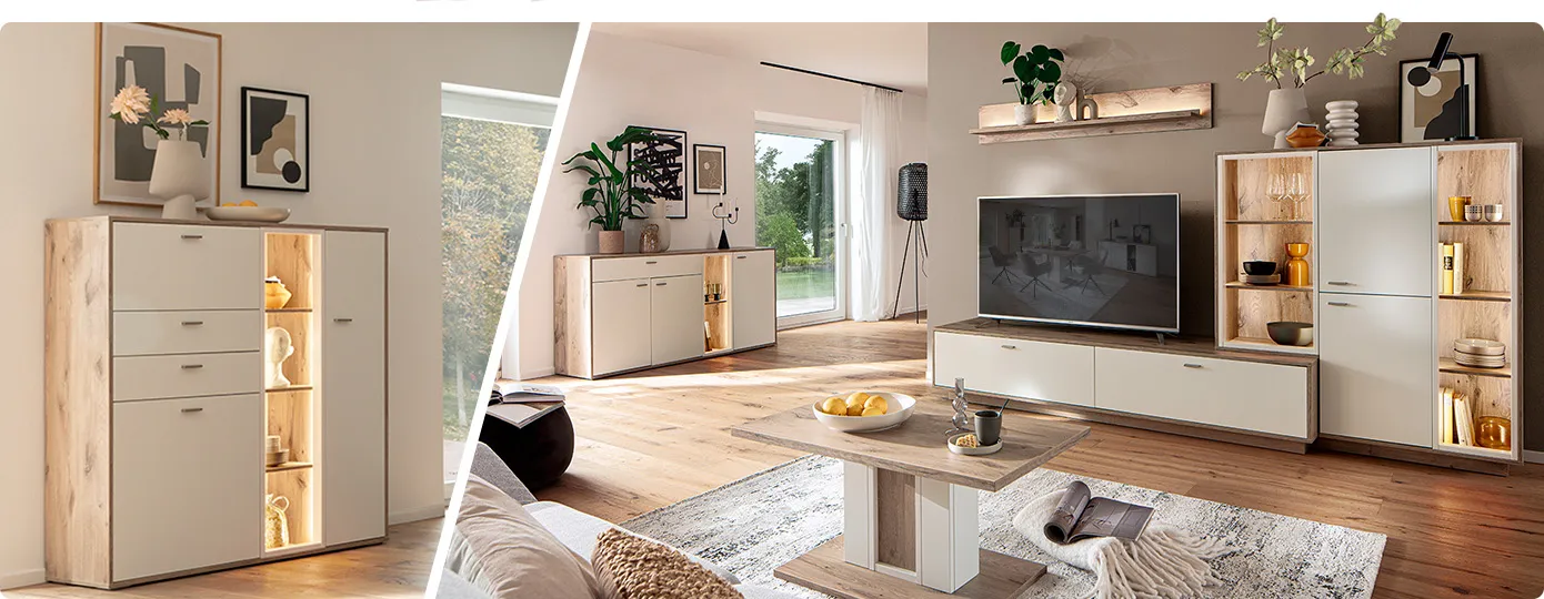 Collage. Bild 1: Highboard in Holzoptik und Weiß mit Beleuchtung. Bild 2: Wohnzimmer mit Sideboard, Wohnwand, Couchtisch in Holzoptik und Weiß, Möbel beleuchtet, Deko