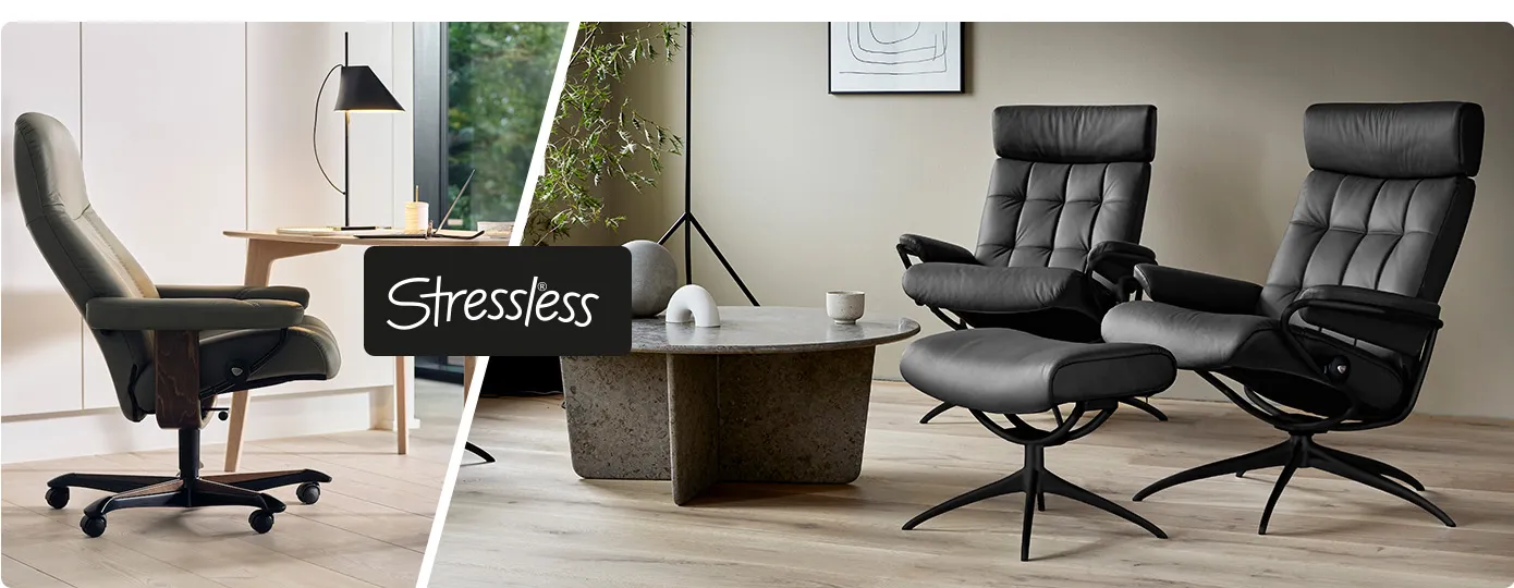 Stressless. Collage aus 2 Bildern. Bild 1: Grüner Bürostuhl vor Holztisch in Arbeitszimmer mit weißen Büromöbeln. Bild 2: 2 schwarze Leder-Relaxsessel, schwarzer Fußhocker, alle mit schwarzem Metallgestell grauer Steincouchtisch, Deko in einem Wohnzimmer