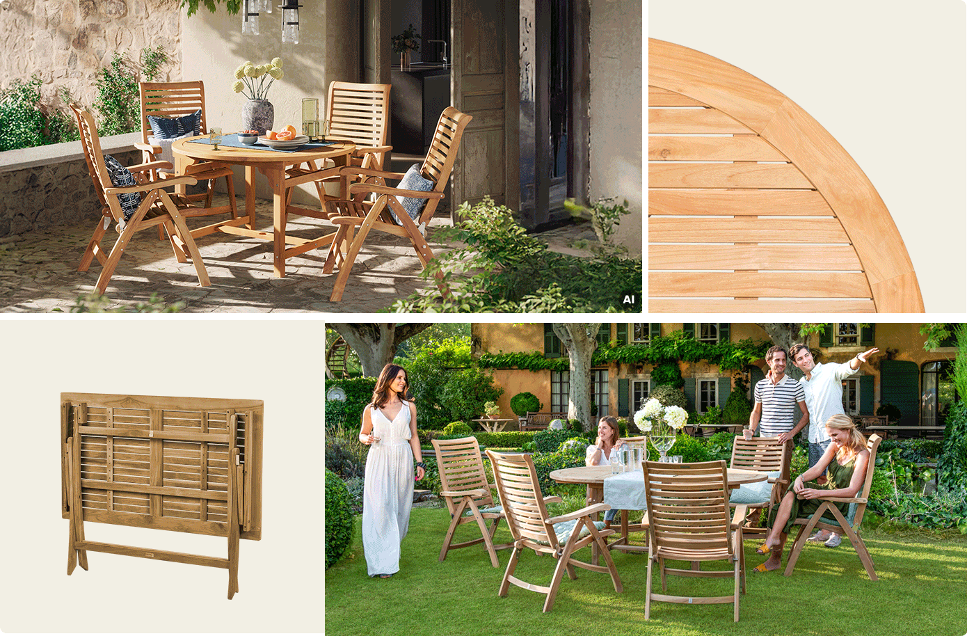 Collage aus 4 Bildern, Bild 1, AI-generiert: Garten-Sitzgruppe aus Holz mit Tisch und 4 Sesseln auf Terrasse, AI. Bild 2: Detailbild von Holztisch. Bild 3: Animation von Klapptisch aus Holz, zusammengeklappt und aufgestellt. Bild 4: Garten-Sitzgruppe aus Holz mit Tisch und 6 Klappsesseln im Garten