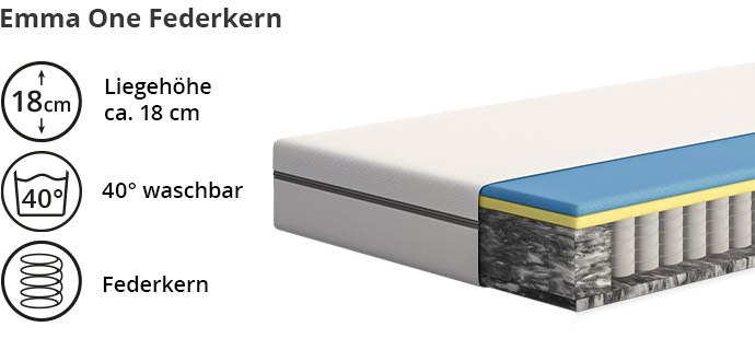 Emma 25 Federkern, Liegehöhe 18 cm, 40 Grad waschbar, Tonnentaschenfederkern, Matratzen-Freisteller im Aufschnitt mit sichtbarem Kern vor weißem Hintergrund