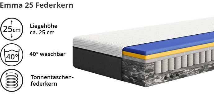 Emma 25 Federkern, Liegehöhe 25 cm, 40 Grad waschbar, Tonnentaschenfederkern, Matratzen-Freisteller im Aufschnitt mit sichtbarem Kern vor weißem Hintergrund