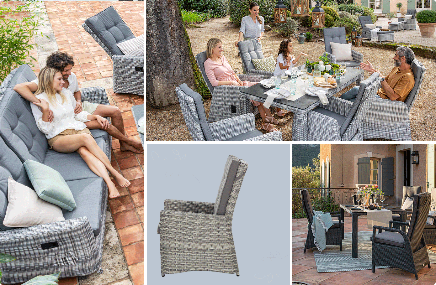 Collage aus 4 Bildern - Bild 1. Paar sitze auf hellgrauem Gartensofa mit grauen Auflagen, im Hintergrund ein hellgrauer Gartensessel - Bild 2: Essgruppe aus hellgrauem Gartentisch und hellgrauen Gartensesseln in einem Garten mit gedecktem Tisch sowie 2 Frauen, einem Mann und einem Mädchen - Bild 3: Animierter Freisteller eines Gartensessels, bei dem sich die Rückenlehne und das Fußteil verstellen; Hintergrund blau-grau - Bild 4: Dunkelgraue Gartensessel und dunkelgrauer, gedeckter Gartentisch Padua auf einer Terasse