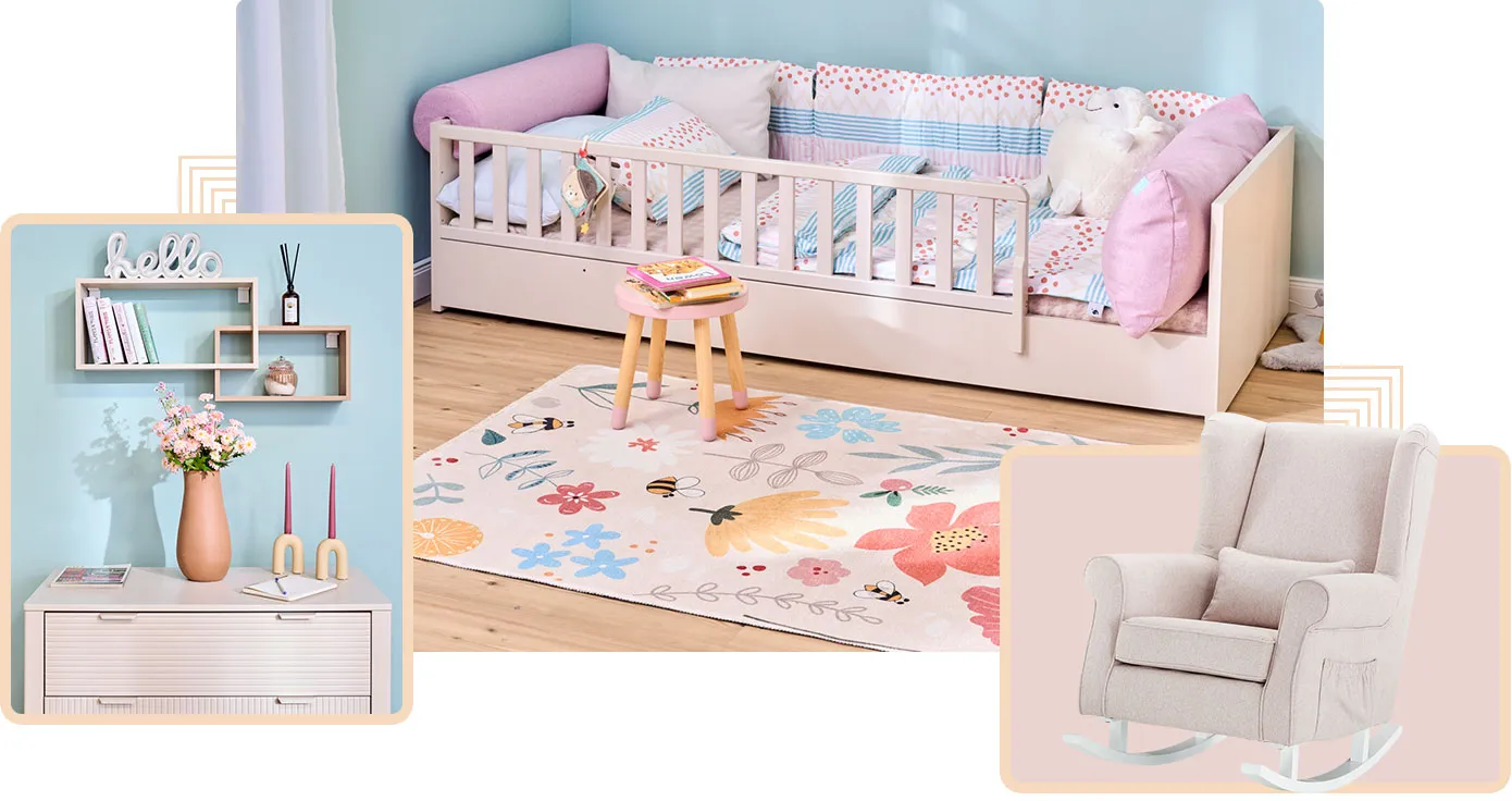 Collage aus 3 Bildern. Bild 1: Kommode in Beige mir Rillenmuster in der Front, Blumenvase braun, Wandregal aus hellem Holz, LED-Schriftzug Hello. Bild 2: Kinderzimmer mit beigem Bodenbett, Teppich mit Blumenmuster, bunte Bettwäsche, Holzschemel. Bild 3: Schaukelsessel in Beige mit weißen Kufen.
