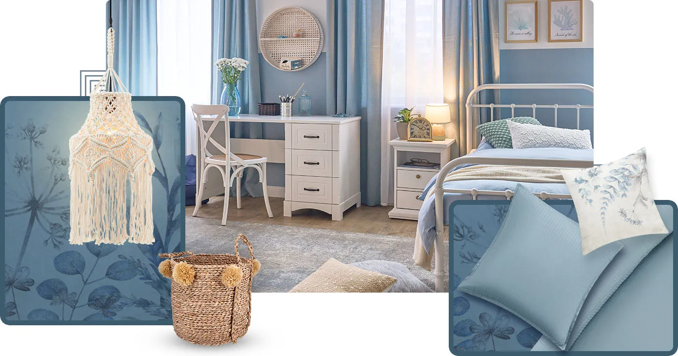 Collage aus 3 Bildern. Bild 1: helle Deckenleuchte in Makramee-Optik, runder Korb mit Pompoms. Bild 2: Kinderzimmer mit blauen Wänden und weißen Landhausmöbeln. Bild 3: Bettwäsche in Blau, helles Dekokissen mit blauem Blumenmuster