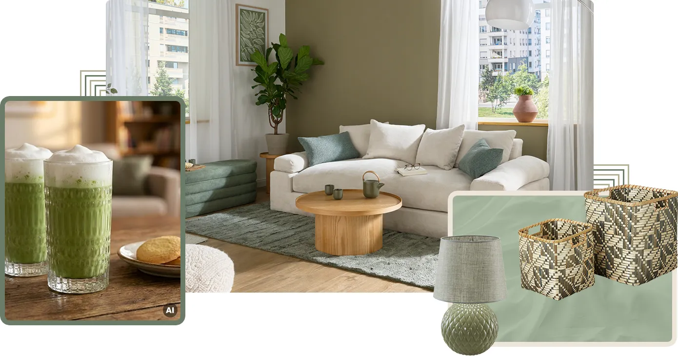 Collage aus 3 Bildern. Bild 1: Nahaufnahme 2 Matcha Latte im Glas und Keksen auf einem kleinen Teller, AI. Bild 2: Wohnzimmer mit 2-Sitz-Chenille-Sofa in Natur und 2 grünen Dekokissen. Links neben dem Sofa eine grüne Polsterbank mit Stoffbezug. Vor dem Sofa ein Holztisch mit einer Teekanne und 2 Keramik-Bechern in grün. Bild 3: 1 grüne Lampe mit beige/grauem Schirm und 2 unterschiedlich Große, beige/grün gemusterte Pflechtkörbe
