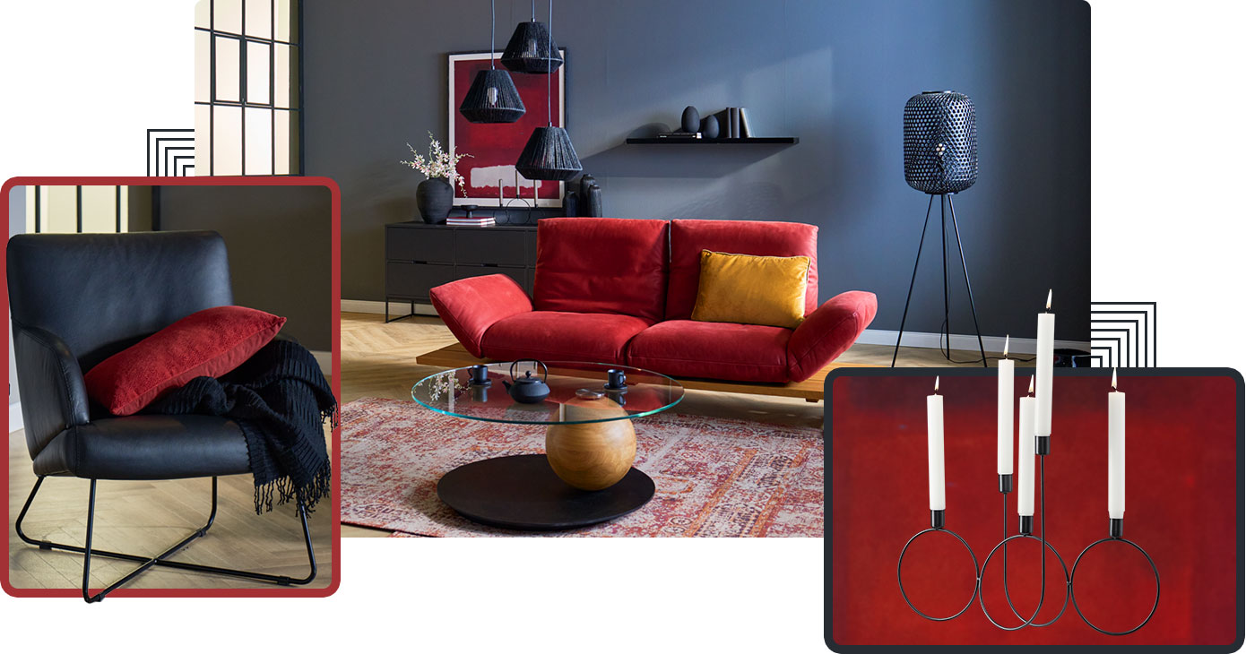 Collage aus drei Bildern alle in rot/schwarz gehalten: Ein Wohnraum mit schwarzem Ledersessel und Kufengestell, darauf liegt ein rotes Kissen und eine schwarze Kuscheldecke. Ein Wohnzimmer mit rotem Ledersofa auf Plateau aus Wildeiche, davor ein runder Glastisch, die Glasplatte liegt auf einem Eichen-Kugelgestell, die Bodenplatte ist aus schwarzem Metall, im Hintergrund steht eine schwarze Kommode und an der blauen Wand hängt ein schwarzes Regel und ein Bild, von der Decke hängt eine 3 flammige schwarze Pendelleuchte, Seilgeflechtund neben dem Sofa steht eine schwarze Stehleuchte. Vor einem roten Hintergrund ist ein 5er Kerzenhalter mit weißen Kerzen
