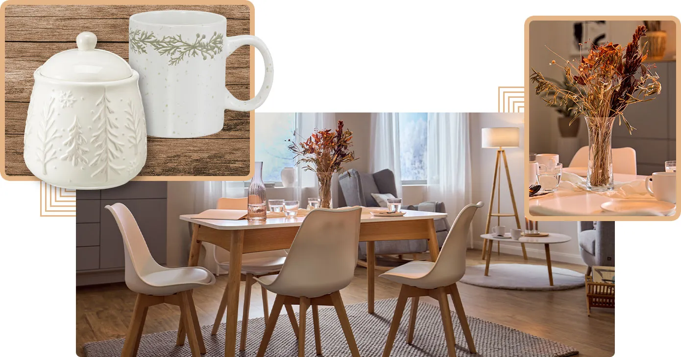 Collage aus 3 Bildern. Bild 1: weiße Keksdose mit Tannenmotiven, weiße Tasse mit Tannengrün. Bild 2: Gedeckter Esstisch in Holzoptik und Weiß mit weißen Stühlen, grauer Teppich, weitere Möbel. Bild 2: Glasvase mit Trockenblumen auf Esstisch, weißes Geschirr und Gläser