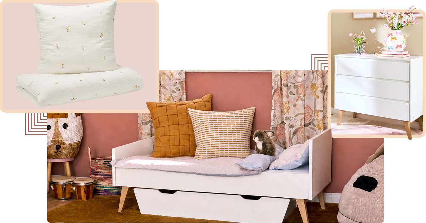 Collage aus 3 Bildern. Bild 1: Bettwäsche-Set aus Musselin, Weiß mit kleinen Blumen. Bild 2: Kinderzimmer mit weißem Bett und Bettschublade, Aufbewahrungskörbe bunt, Dekokissen in Senfgelb. Bild 3: Kommode Weiß mit schrägen Holzfüßen, Blumenvase mit buntem Schleifenmuster.