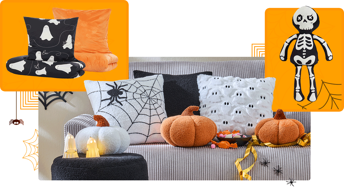 Collage aus 3 Bildern mit Comic-Spinnen, die sich am Faden hoch und runter lassen. Bild 1: schwarze Bettwäsche mit weißen Geistern, orange Bettwäsche mit Kürbissen. Bild 2: graues Cordsofas mit schwarz-weißem Spinnenkissen, schwarzem Kissen, weißem Geisterkissen, 2 orangen und einem weißen Kürbis, schwarzer Hocker mit beleuchteten Dekogeistern. Bild 3: schwarz-weißes Kissen in Skelettform