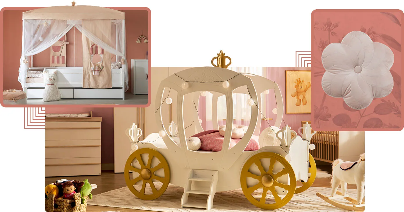 Collage aus 3 Bildern. Bild 1: Kinderzimmer mit rosa Wand, weißes Himmelbett mit Himmel. Bild 2: Kinderzimmer mit hellen Möbeln, weißes Bett im Kutschendesign mit goldenen Rädern. Bild 3: Kissen in Blumenform