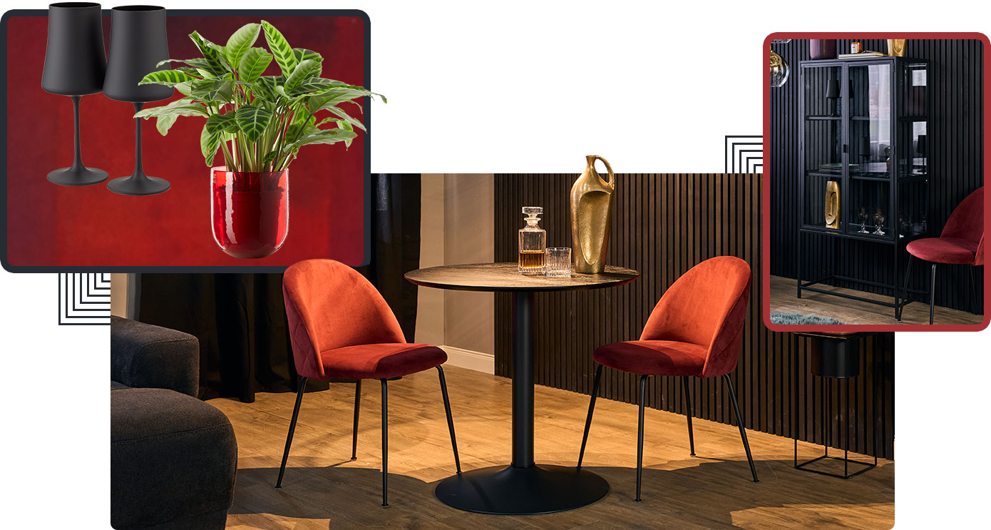 Collage aus drei Bildern alle in rot/schwarz gehalten: Auf einem roten Hintergrund sind zwei schwarze Weinkelche und eine rote Blumenvase mit Grünpflanze. Esszimmer mit 2 roten Polsterstühlen und einem runden schwarzen Tisch. Ein Zimmerausschnitt mit einer Sammlervitrine, schwarzer Metallrahmen und Glastüren, daneben ein roter Stuhl.