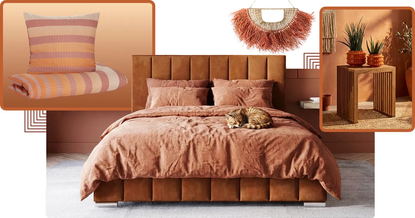 Collage aus 3 Bildern. Bild 1: Bettwäsche mit Streifenmuster in Orange-Nuancen. Bild 2: Schlafzimmer mit Polsterbett in Farbe Terrakotta mit orangener Bettwäsche, Dekofächer aus Rattan. . Bild 3: Beistelltisch aus Holz mit Lamellenoptik, 2 Blumentöpfe in Orange