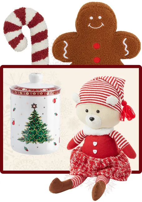 rot-weißes Kissen in Zuckerstangenoptik, braunes Kissen in Lebkuchenmann-Optik, weiße Keksdose mit Tannenmotiv, Deko-Teddy in Wichteloptik mit rot-weißer Kleidung