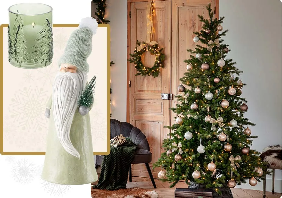 Collage aus 2 Bildern. Bild 1: grünes Glaswindlicht mit Tannen, Weihnachtsmann in Hellgrün-Tönen. Bild 2: Geschmückter und beleuchteter Weihnachtsbaum vor Holztür mit beleuchtetem Kranz