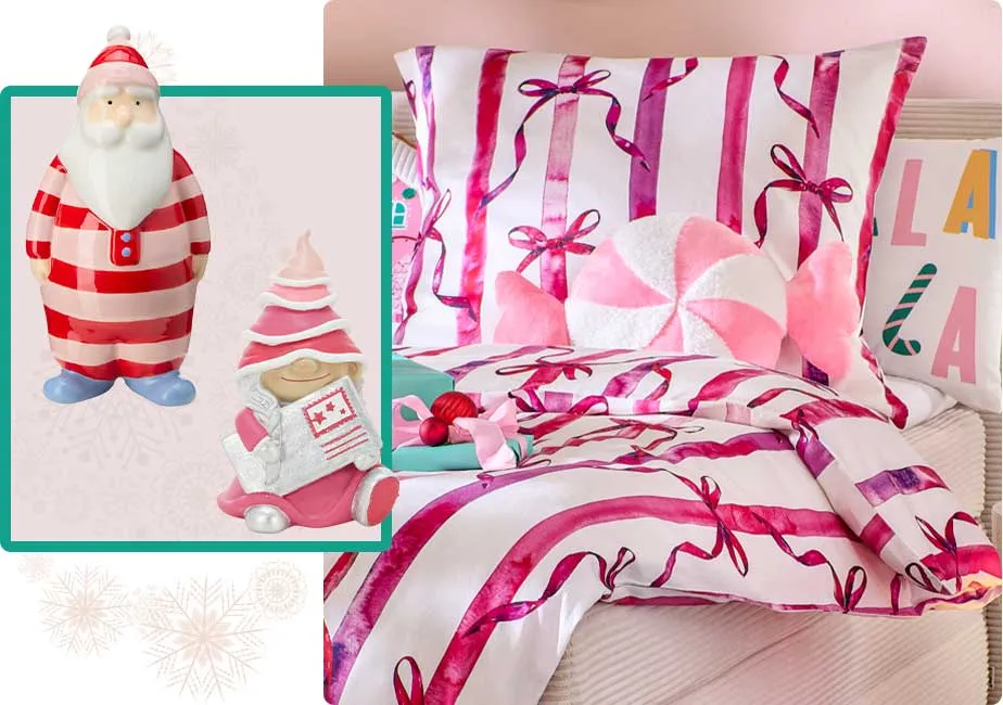 Collage aus 2 Bildern. Bild 1: Weihnachtsmann im rot-rosa-gestreiften Anzug, rosa Wichtel mit Brief. Bild 2: Weiße Bettwäsche mit pinken Schleifen, rosa-weißes Bonbon-Kissen, weißes Kissen mit bunter Aufschrift "Falala", Deko, cremefarbiges Cord-Bett
