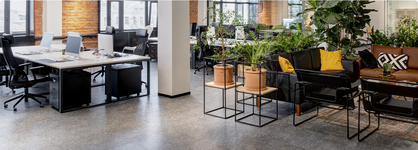 Büro, Loft mit Schreibtischen, Schreibtischstühlen, Sofas und Pflanzen