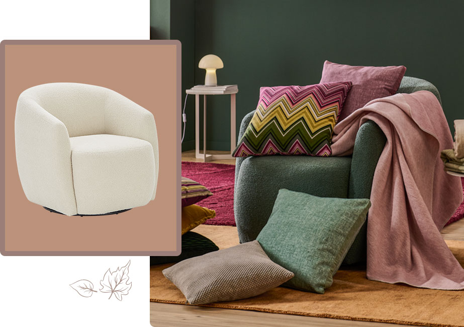 Collage aus zwei Bildern: links weißer Sessel in Boucléstoff, rechts Sessel in grünem Boucléstoff mit bunten Kissen und Decken