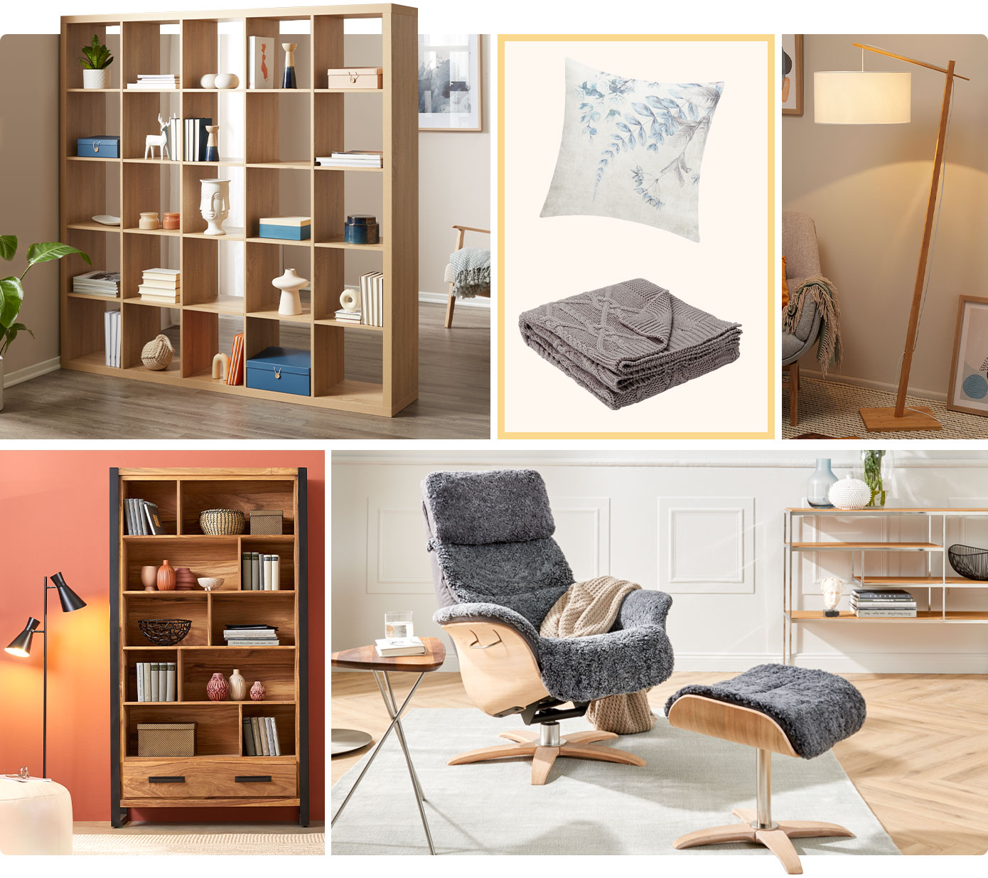Collage aus 5 Bildern. Bild 1: holzfarbiger Raumteiler mit Büchern und Deko. Bild 2: weißes Kissen mit blauen Blumenmuster, graue Strickdecke. Bild 3: Stehleuchte aus Holz mit weißem Schirm. Bild 4: Regal aus holz mit schwarzen Akzenten, Bücher und Deko. Bild 5: Relaxsessel und Hocker mit grauem Teddybezug und Holzakzenten, Beistelltisch, Teppich, Regal