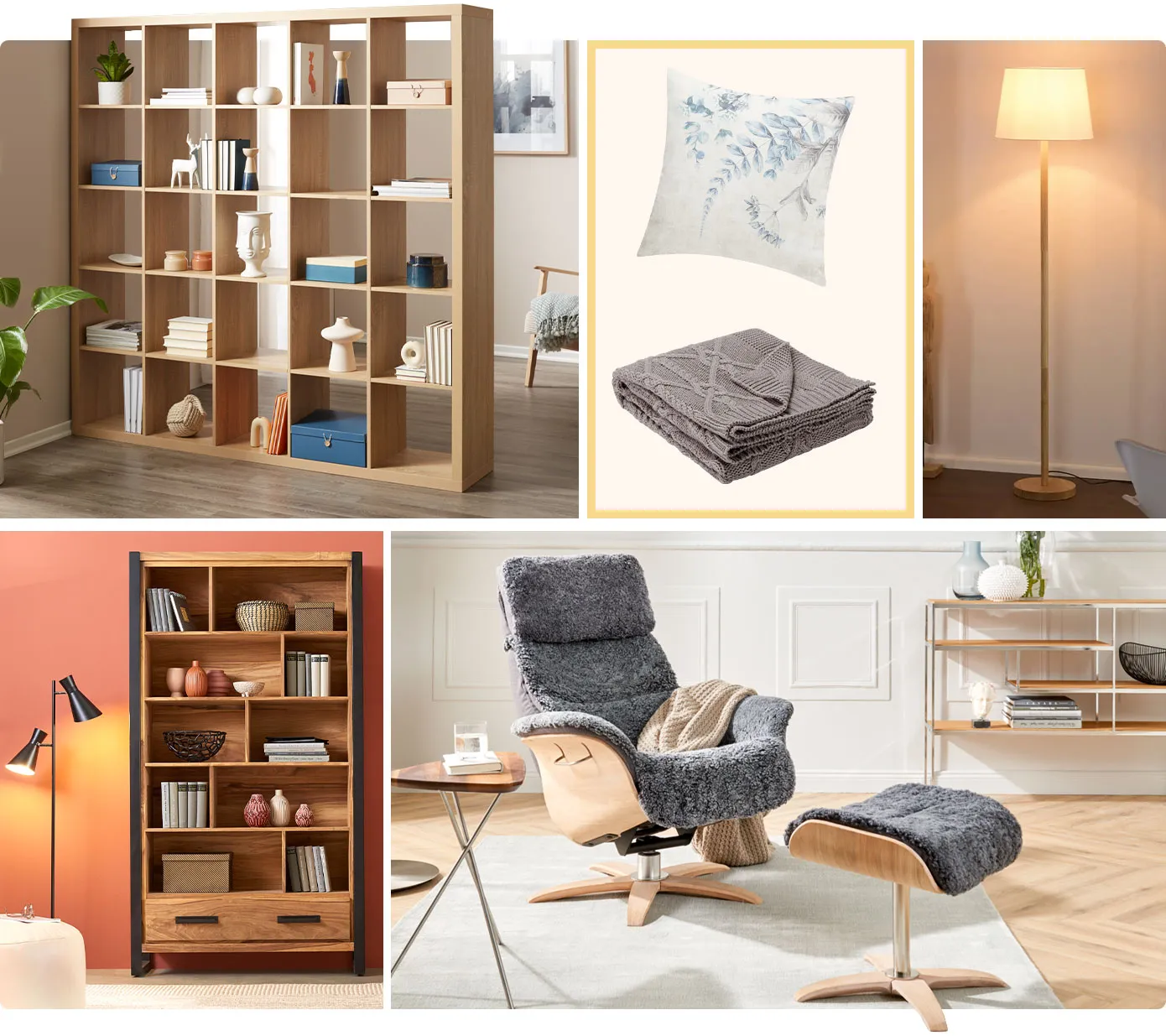 Collage aus 5 Bildern. Bild 1: holzfarbiger Raumteiler mit Büchern und Deko. Bild 2: weißes Kissen mit blauen Blumenmuster, graue Strickdecke. Bild 3: Stehleuchte aus Holz mit weißem Schirm. Bild 4: Regal aus holz mit schwarzen Akzenten, Bücher und Deko. Bild 5: Relaxsessel und Hocker mit grauem Teddybezug und Holzakzenten, Beistelltisch, Teppich, Regal